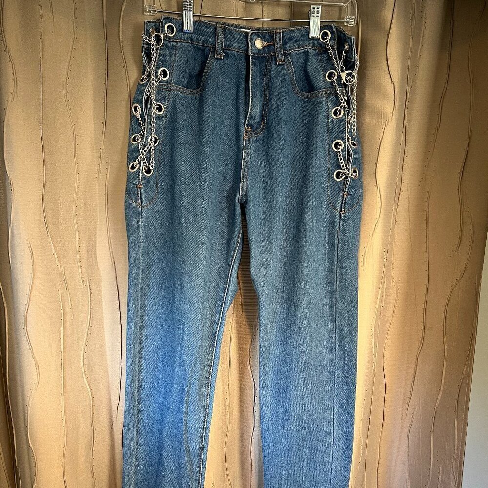 Denim Blvd Los Angeles Medium Wash Boyfriend Chain Side Jeans, Size Small